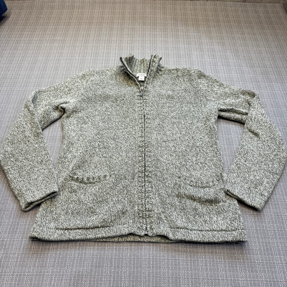 LL Bean Cardigan Womens Small Petite Green Marled Full Zip‎ Coastal Sweater Cozy